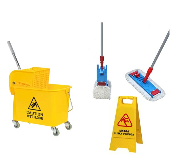 ZESTAW do sprzątania: WÓZEK KENTUCKY z wiadrem 20L + mop 40cm + tablica ostrzegawcza