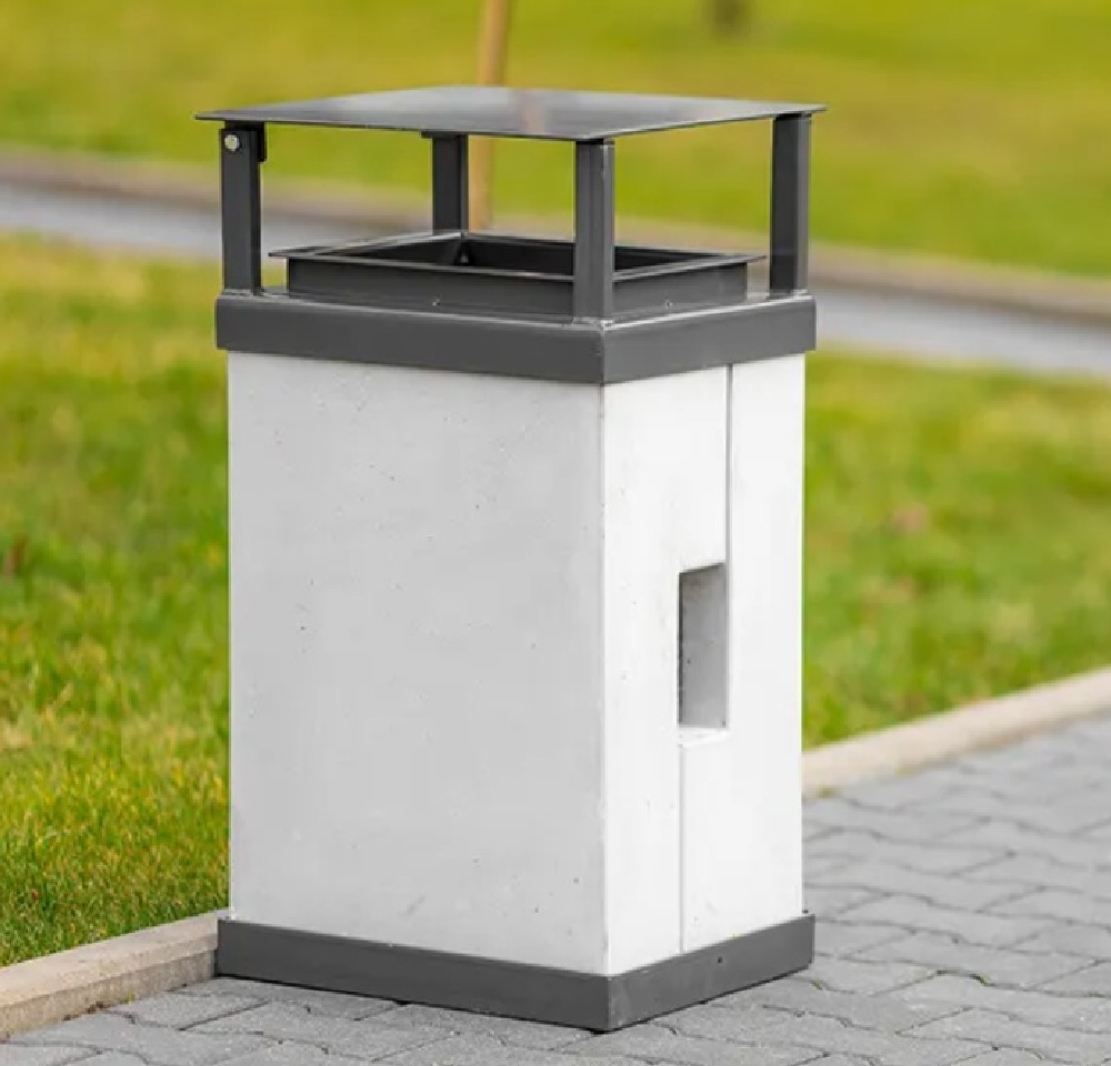 Uliczny parkowy kwadratowy betonowy kosz RIMA z daszkiem 40 litrów