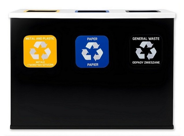 Trójkomorowa Stacja Segregacji Odpadów 3x60L EKO STATION CZARNA/BIAŁA PAPIER PLASTIK ZMIESZANE - obrazek 2