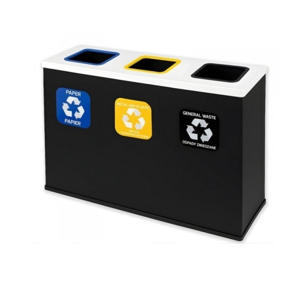 Trójkomorowa Stacja Segregacji Odpadów 3x60L EKO STATION CZARNA/BIAŁA PAPIER PLASTIK ZMIESZANE