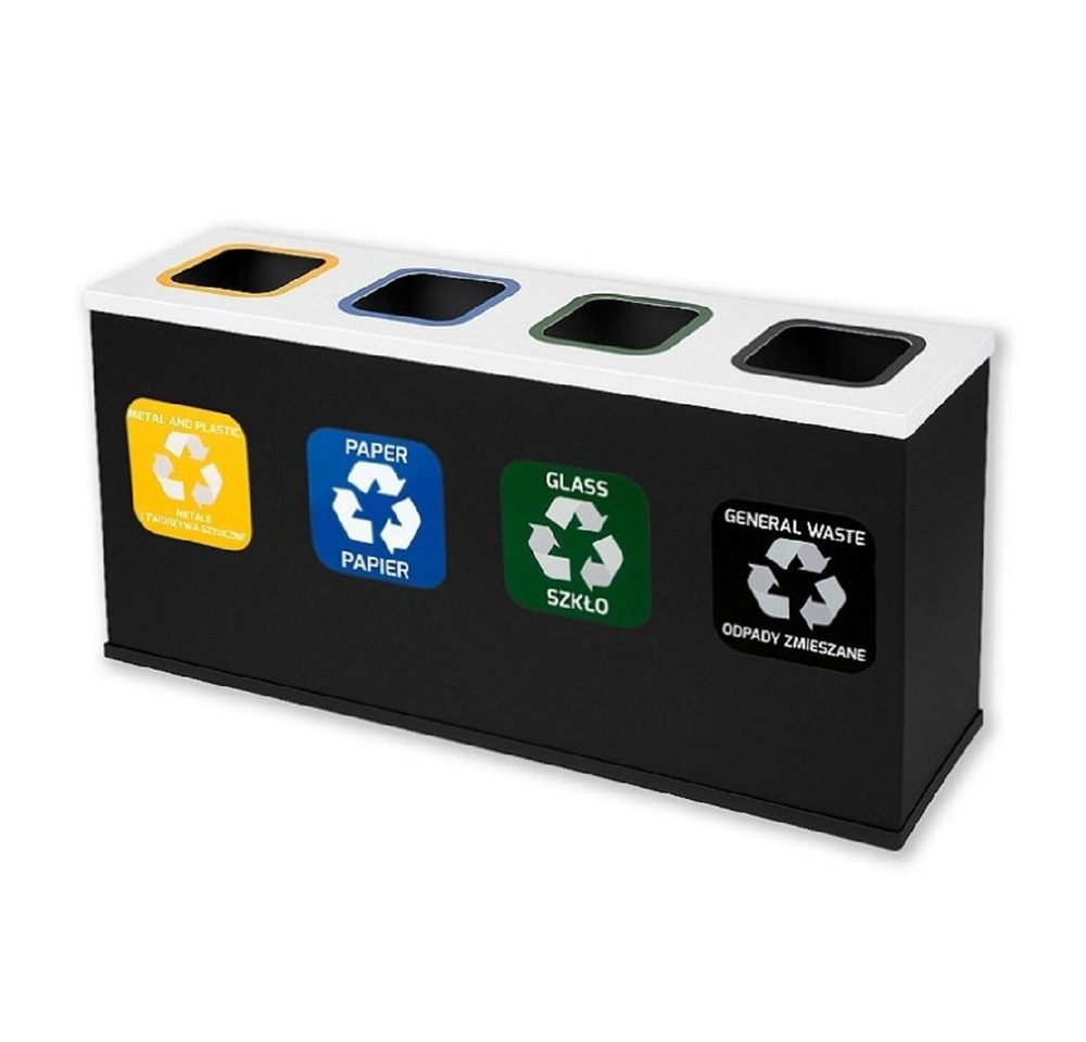 Stacja Segregacji Odpadów 4x12L EKO STATION CZARNA/BIAŁA | PAPIER PLASTIK SZKŁO ZMIESZANE