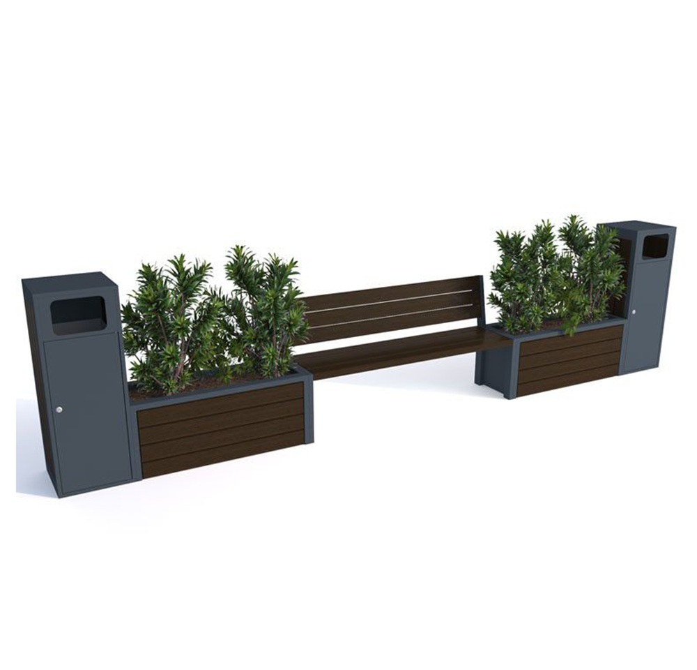 Zestaw ławka z oparciem+ 2xdonice+2xkosze na śmieci