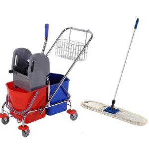ZESTAW Wózek PRIME do sprzątania z dwoma wiadrami 2x17L METALOWY KOSZYK + Mop przemysłowy 60 cm