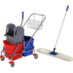 ZESTAW Wózek PRIME do sprzątania z dwoma wiadrami 2x17L METALOWY KOSZYK + Mop przemysłowy 100 cm