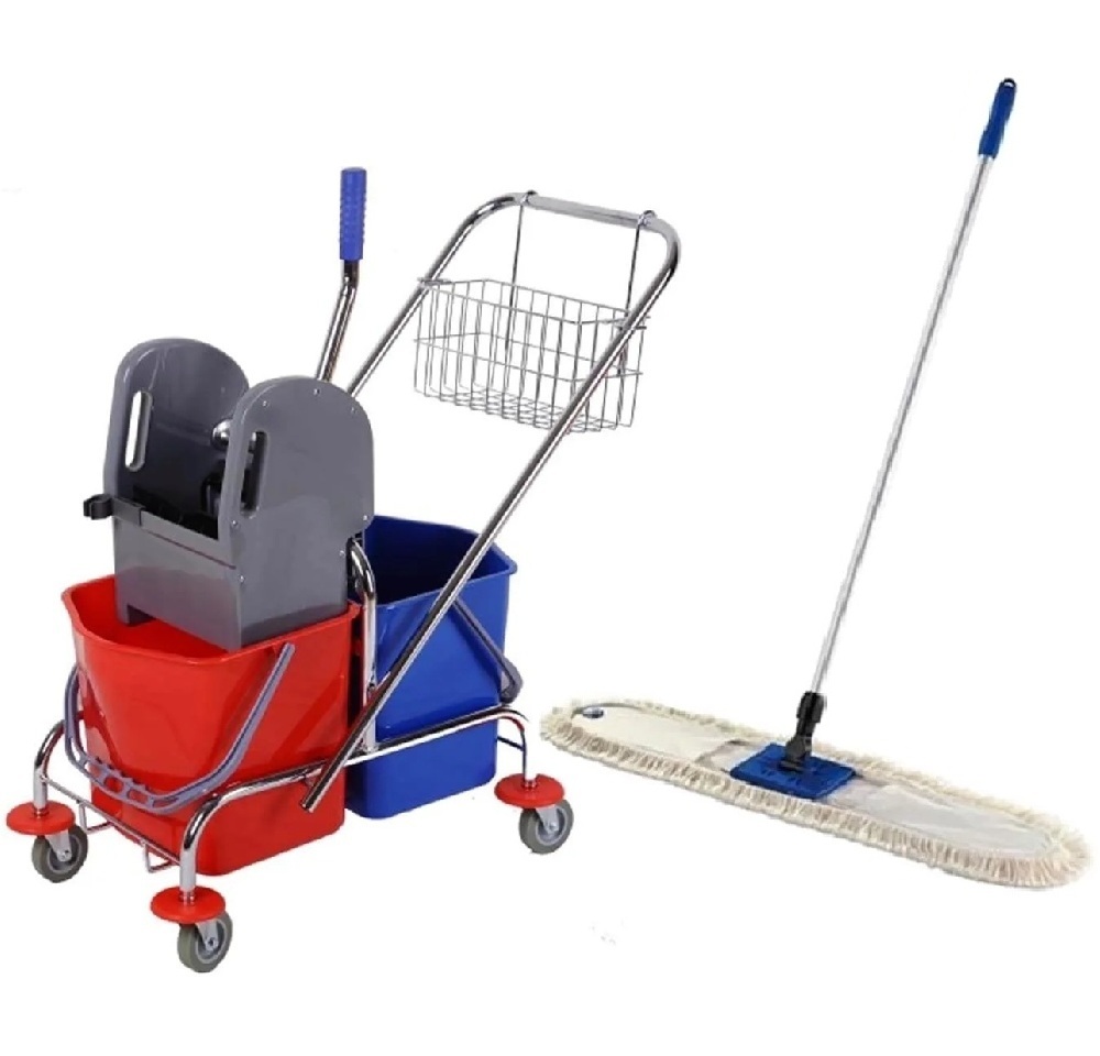 ZESTAW Wózek PRIME do sprzątania z dwoma wiadrami 2x17L METALOWY KOSZYK + Mop przemysłowy 100 cm