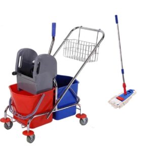ZESTAW Wózek PRIME do sprzątania z dwoma wiadrami 2x17L METALOWY KOSZYK + Mop speedy 40 cm na taśmę