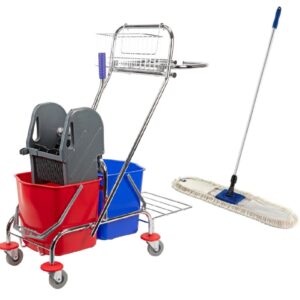 ZESTAW Wózek VECTOR do sprzątania z dwoma wiadrami 2x17L METALOWY KOSZYK + Mop przemysłowy 60 cm