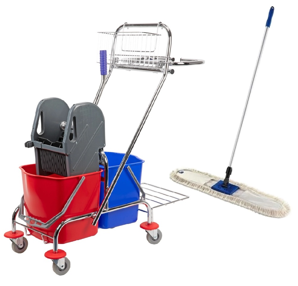 ZESTAW Wózek VECTOR do sprzątania z dwoma wiadrami 2x17L METALOWY KOSZYK + Mop przemysłowy 60 cm
