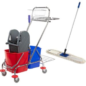 ZESTAW Wózek VECTOR do sprzątania z dwoma wiadrami 2x17L METALOWY KOSZYK + Mop przemysłowy 100 cm