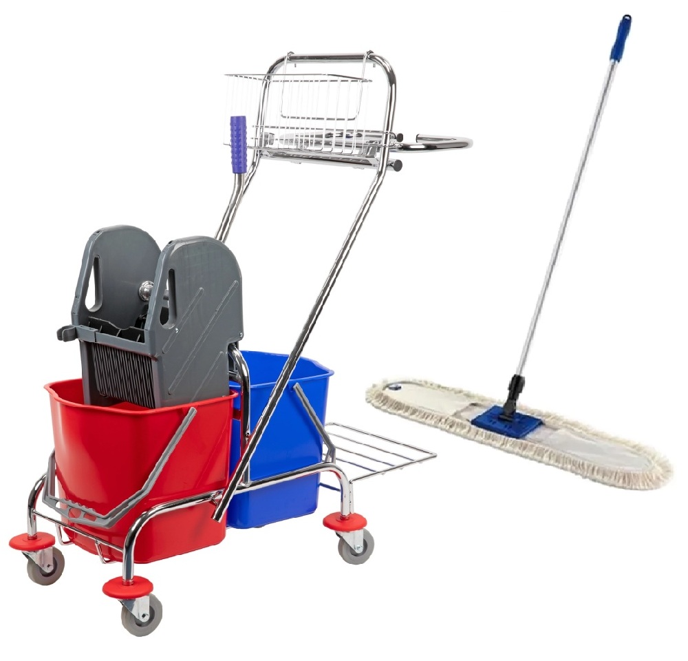 ZESTAW Wózek VECTOR do sprzątania z dwoma wiadrami 2x17L METALOWY KOSZYK + Mop przemysłowy 100 cm