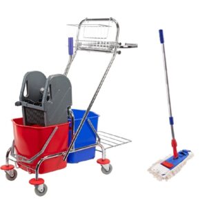 ZESTAW Wózek VECTOR do sprzątania z dwoma wiadrami 2x17L METALOWY KOSZYK, PODEST + Mop 40 cm na taśmę