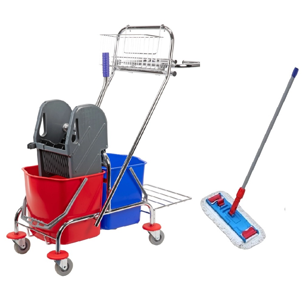 ZESTAW Wózek VECTOR do sprzątania z dwoma wiadrami 2x17L METALOWY KOSZYK, PODEST + Mop 40 cm