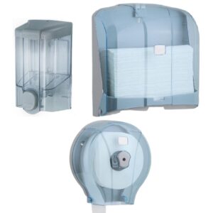 ZESTAW TRIO TRANSPARENTNY Podajnik do mydła 500 ml + podajnik do ręczników papierowych ZZ ABS + podajnik na papier toaletowy ABS