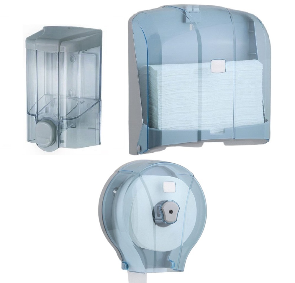 ZESTAW TRIO TRANSPARENTNY Podajnik do mydła 500 ml + podajnik do ręczników papierowych ZZ ABS + podajnik na papier toaletowy ABS