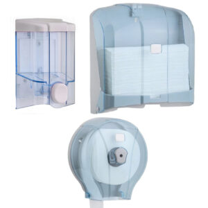 ZESTAW TRIO TRANSPARENTNY Podajnik do mydła 500 ml + podajnik do ręczników papierowych ZZ ABS + podajnik na papier toaletowy ABS
